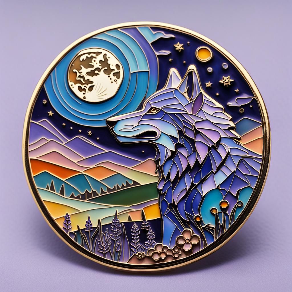 Howling Wolf Enamel Pin in Cubist Art Nouveau Style