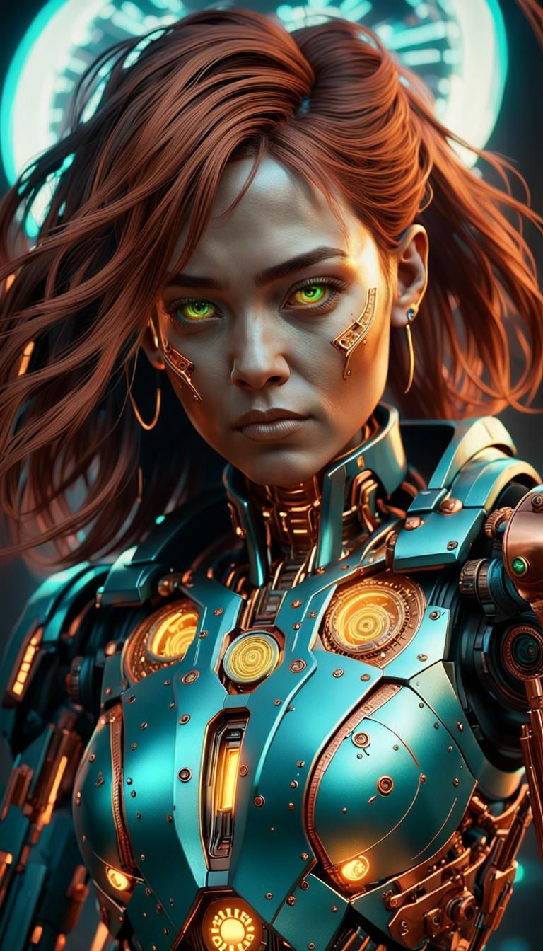 Cyberpunk Copper Robot Portrait in Neon Light