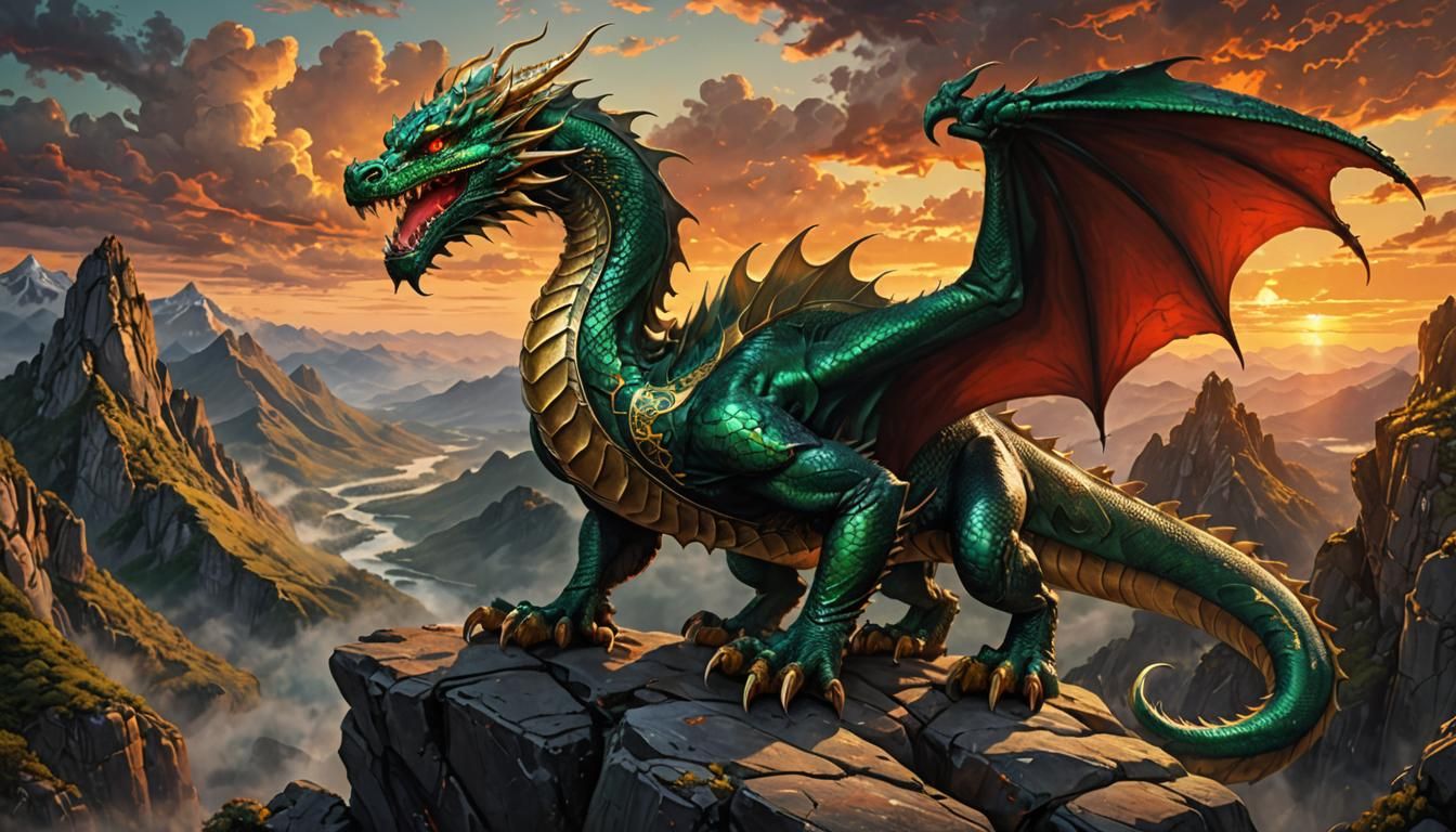 Emerald Dragon on Rocky Cliff at Sunset