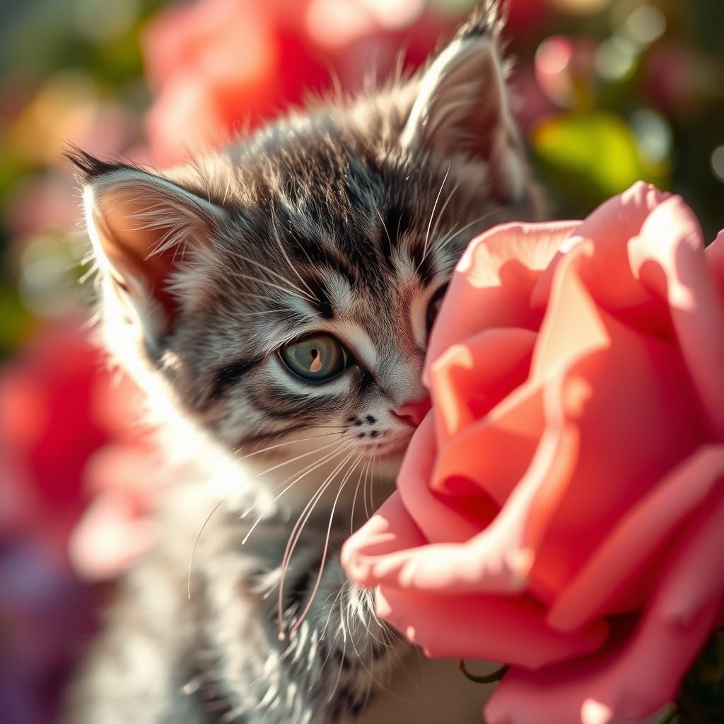 Curious Kitten Touches Rose Petals: Hyperrealistic Photo