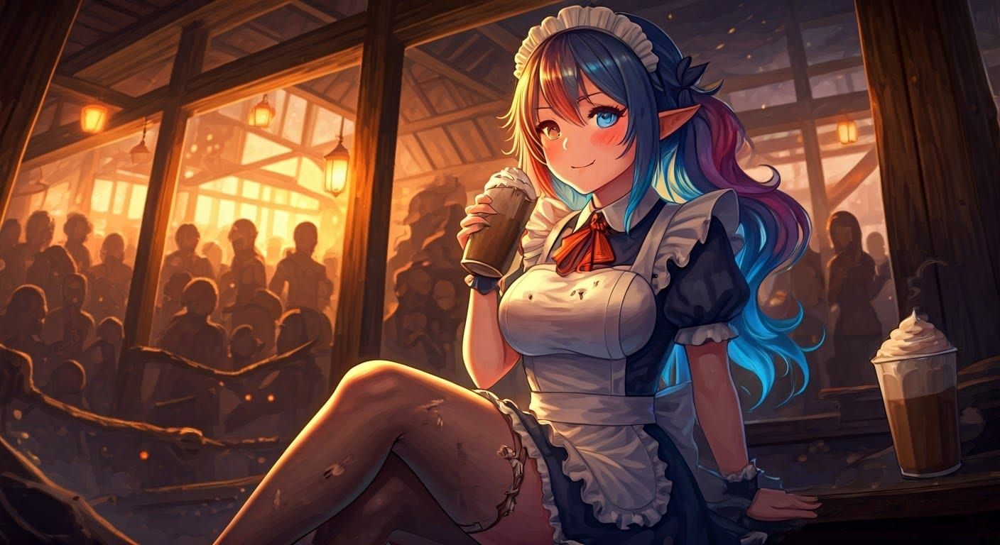 Anime Maid in Tavern Sipping Latte