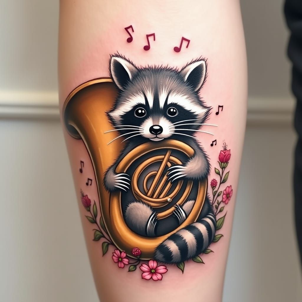 Imagine a whimsical tattoo featuring a raccoon, with its sig...