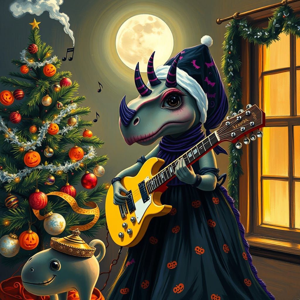 Goth Triceratops Dinosaur Girl Plays Guitar Amidst Holiday C...