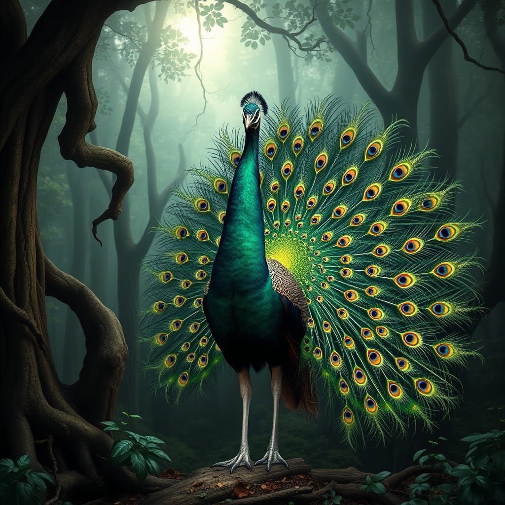 Majestic Green Peacock in Forest Portrait