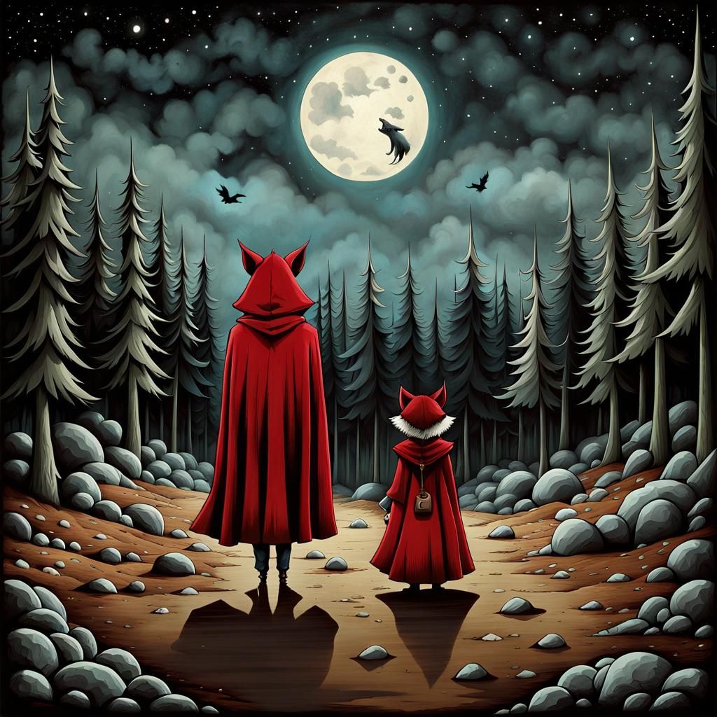 Little Red Riding Hood in Surreal Desolate Land