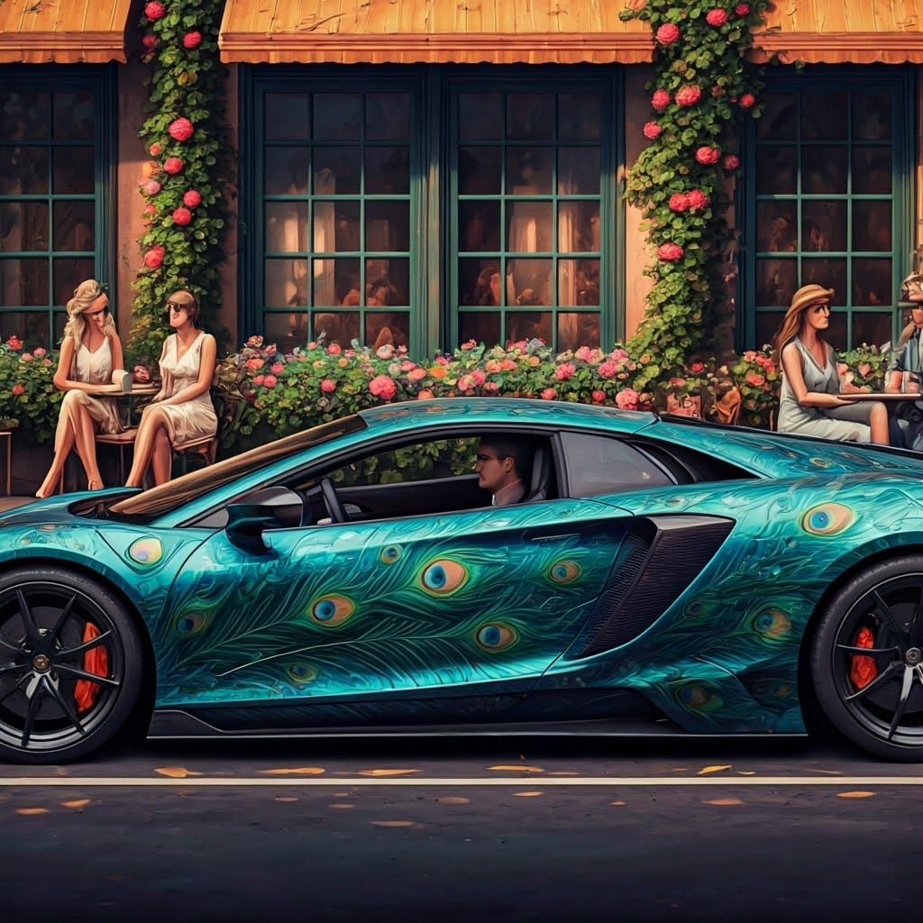 Elegant Man Drives Vibrant Peacock Supercar Amidst Whimsical...