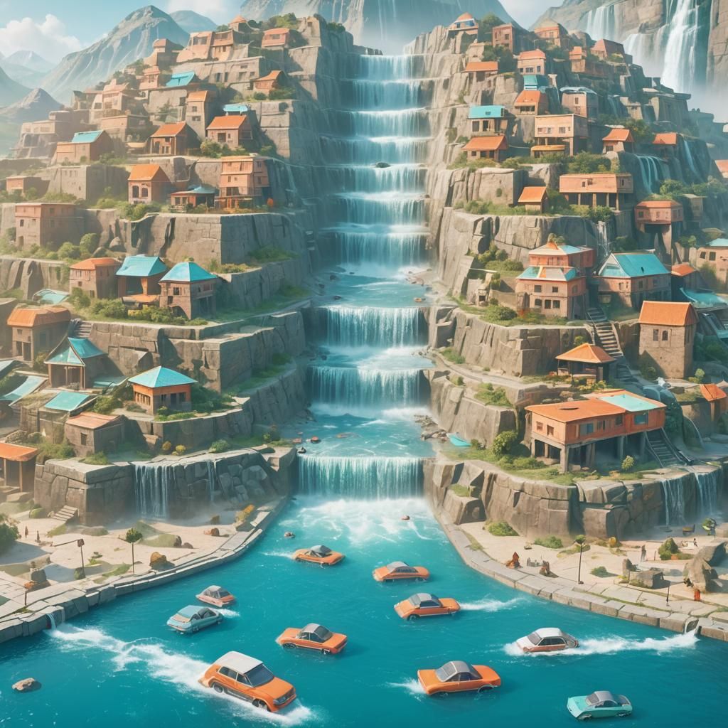 Pyramid Waterfall Cityscape in Hyperrealistic Digital Art