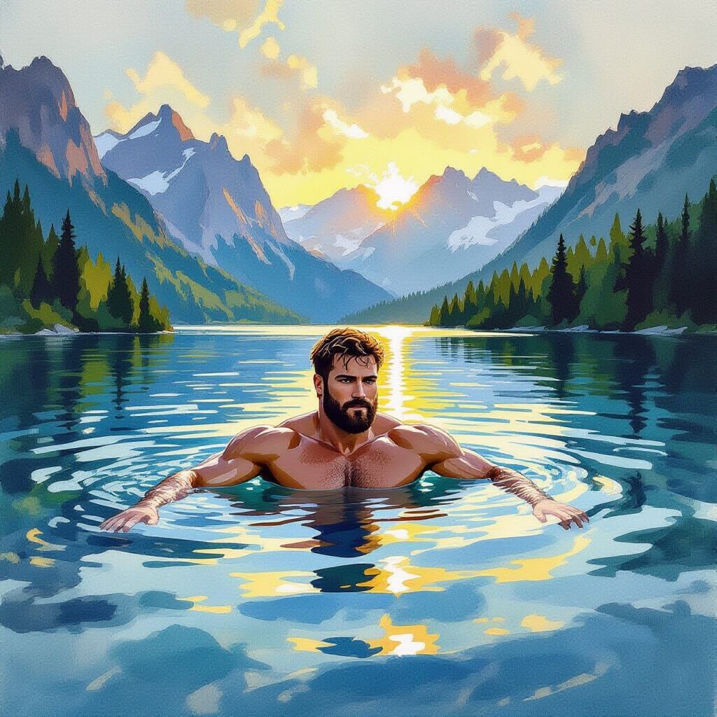 Furry Man Swims in Mountain Lake at Dawn, Watercolor Style