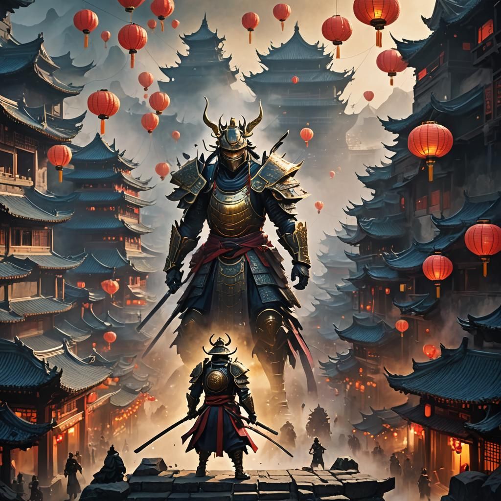 Giant Samurai in Chinese City: Fantasy Concept Art