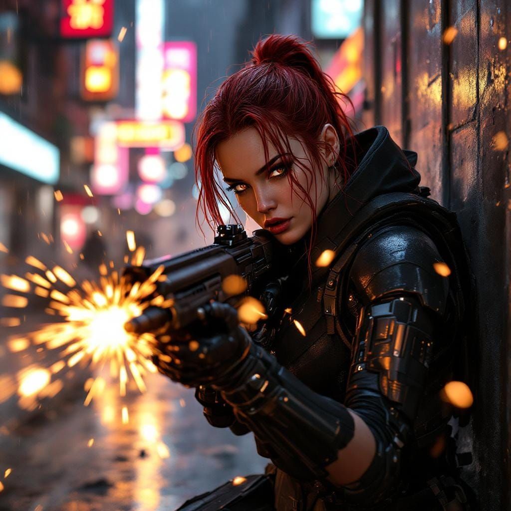 Cyborg Gunfight in Rain-Soaked Cyberpunk Alley