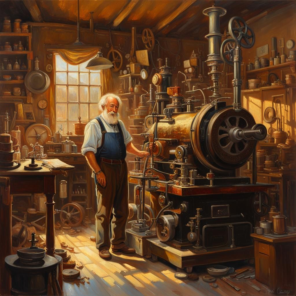 Inventor and Steam Machine: Oil Painting in Workshop