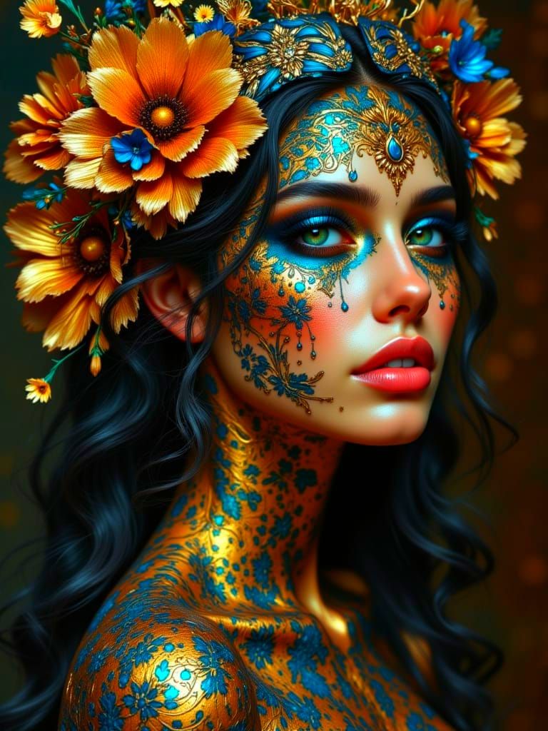 Biomorphic Surreal Portrait with Gilded Accents