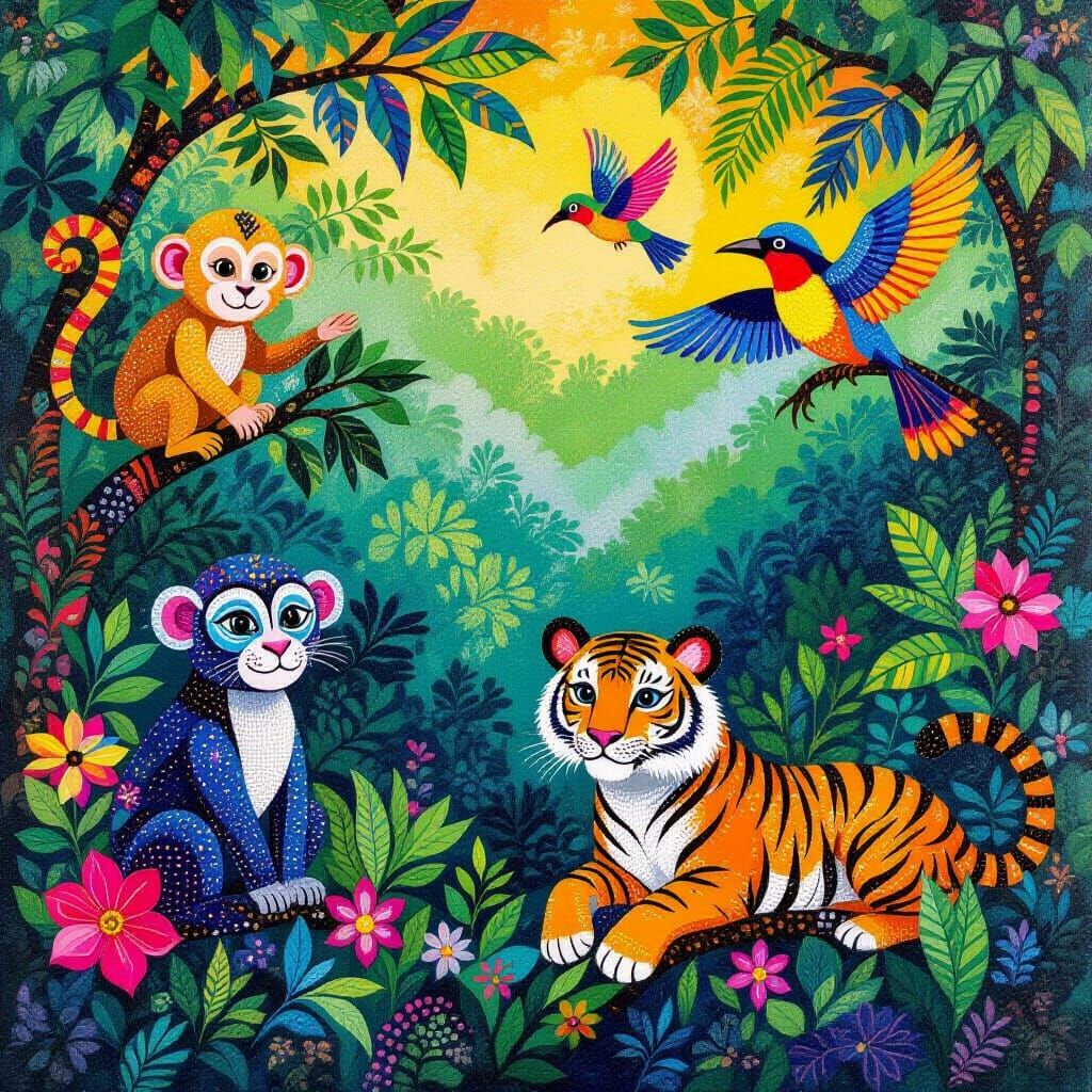 Beaded Jungle Animals in Pointillist Style