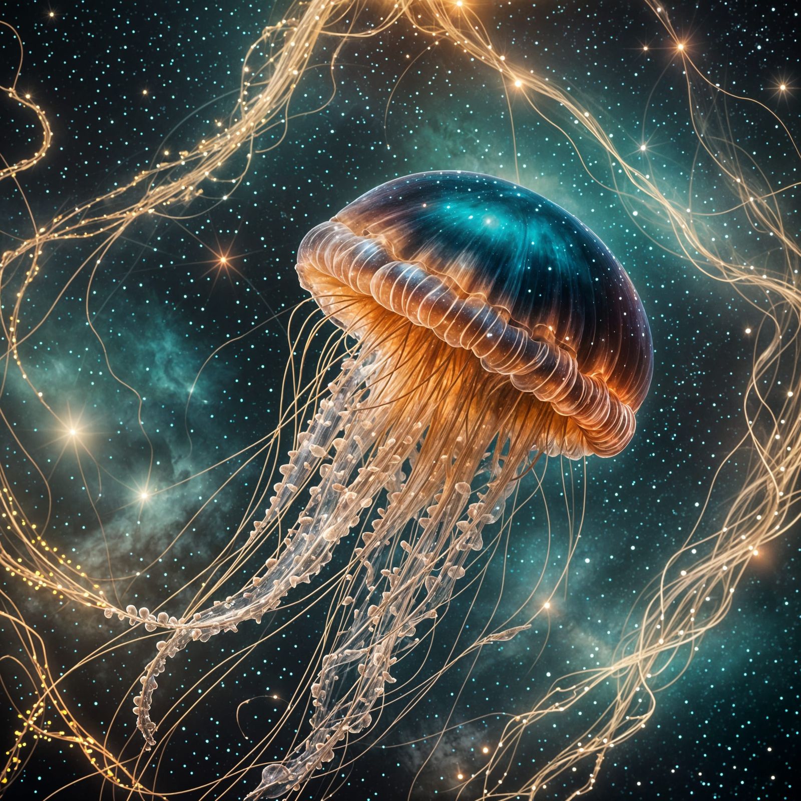 Cosmic Jellyfish Drifting Through Stars: Cinematic Still
