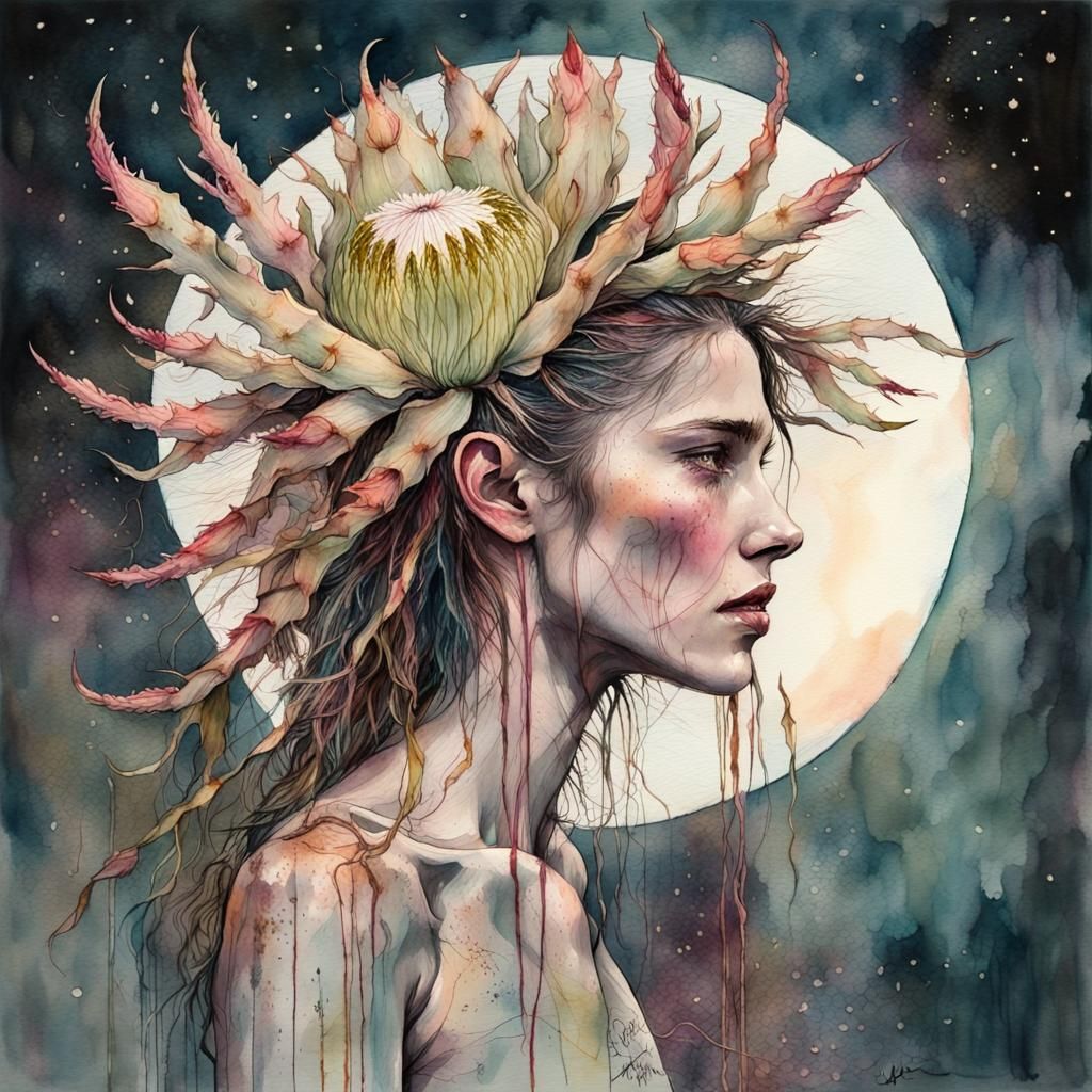 Night-Blooming Cereus in Watercolor Under Crescent Moon