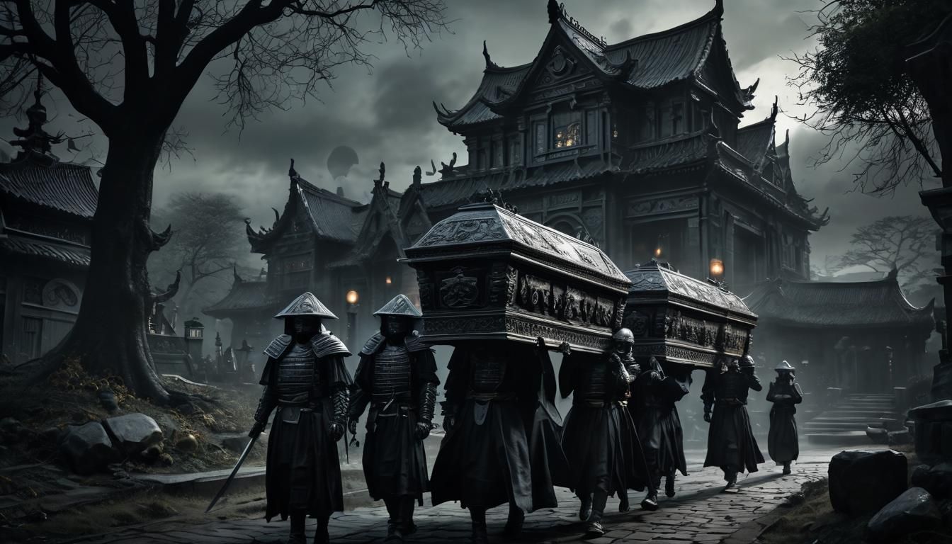 Gothic Samurai Funeral Procession in Dark Setting