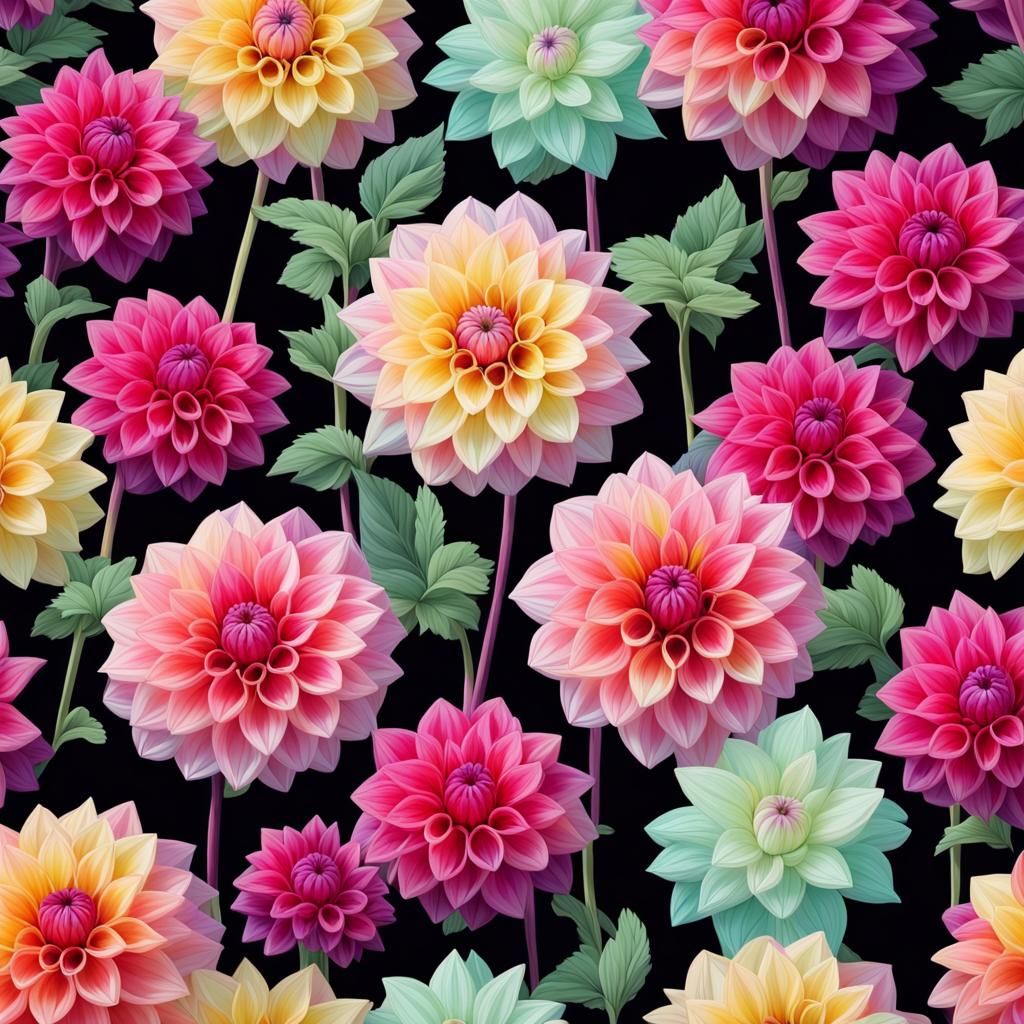Colorful Dahlias Optical Illusion on Black Background