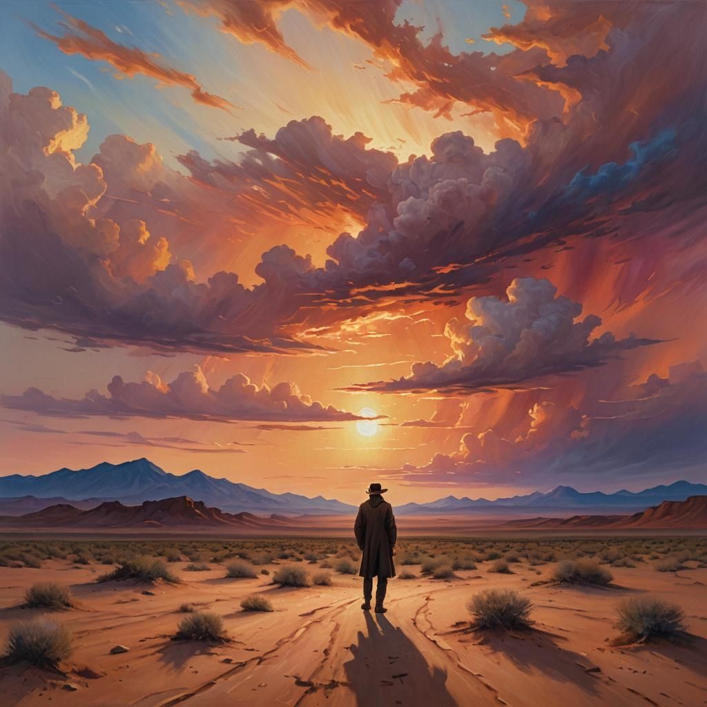 Dramatic Desert Sunset Painting in Bierstadt Style
