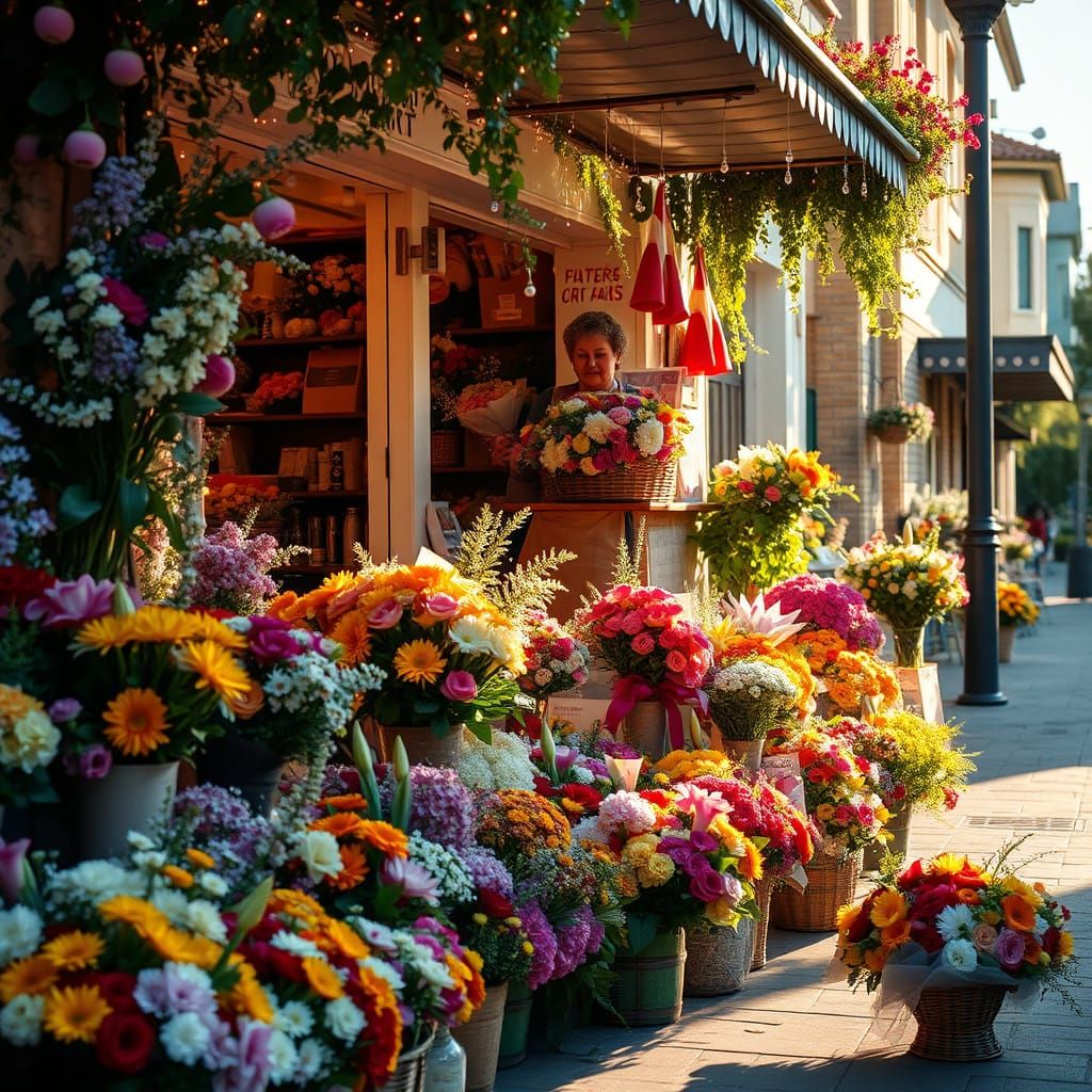 Whimsical Street Corner Flower Shop in Vibrant Color