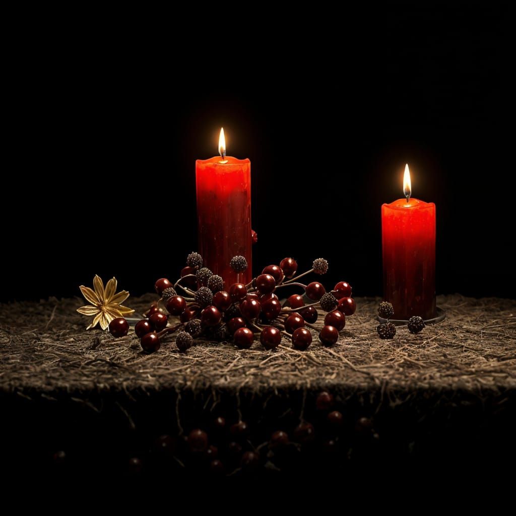 Illuminated Red Candles and Berries Still Life