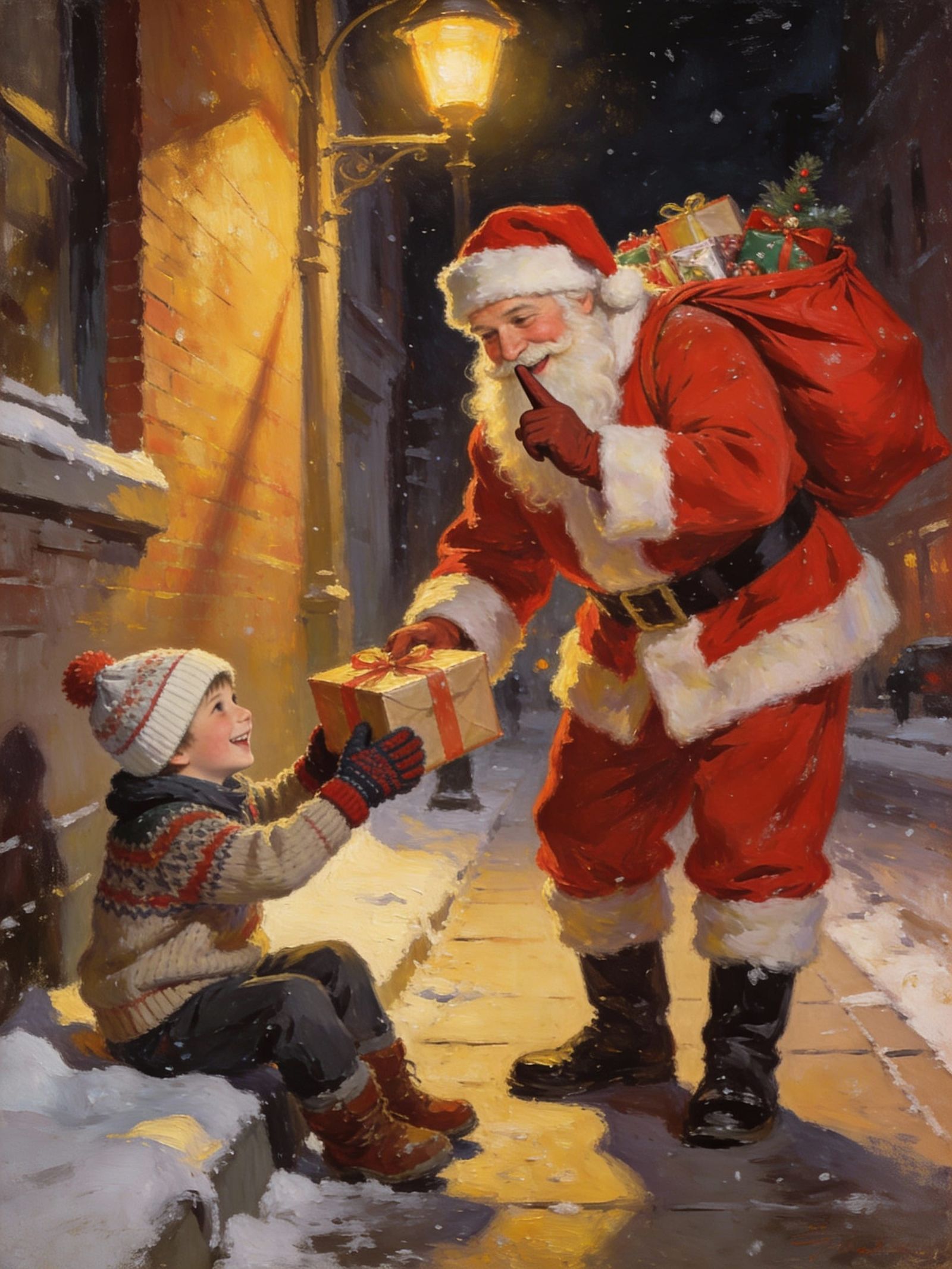 Santa Claus Gives Present to Happy Child in Snowy City