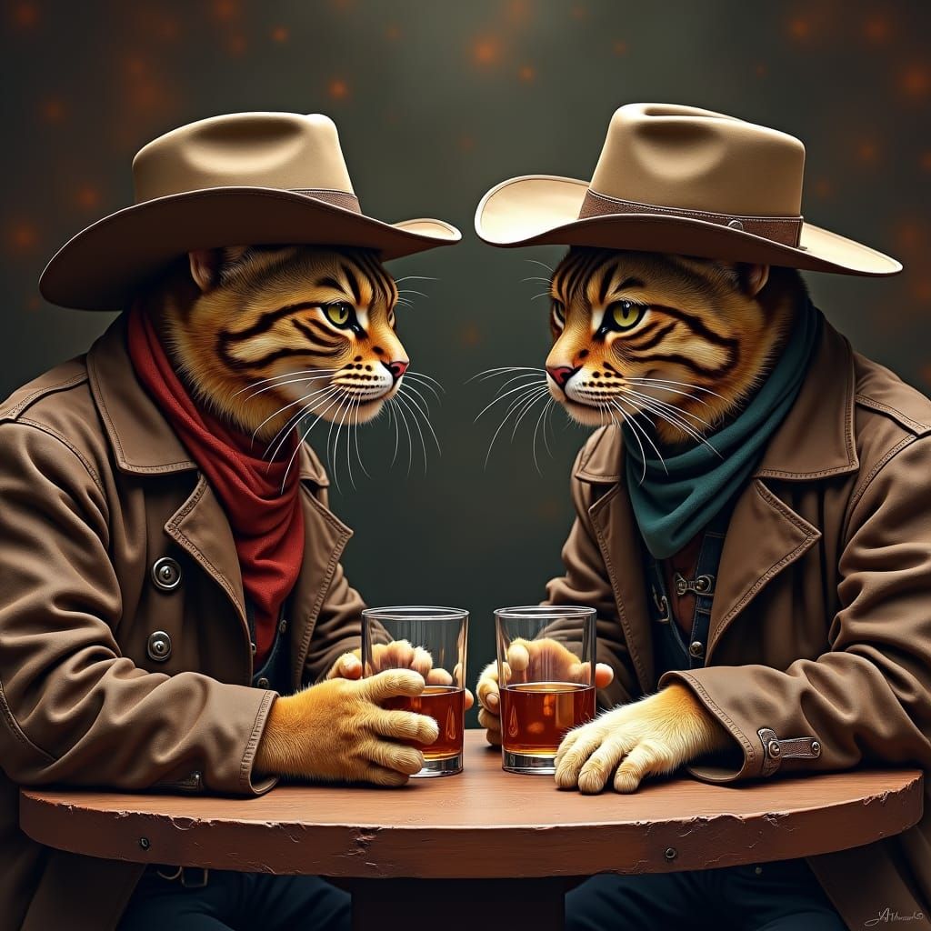 Gunfighter Cats at a Dimly Lit Saloon