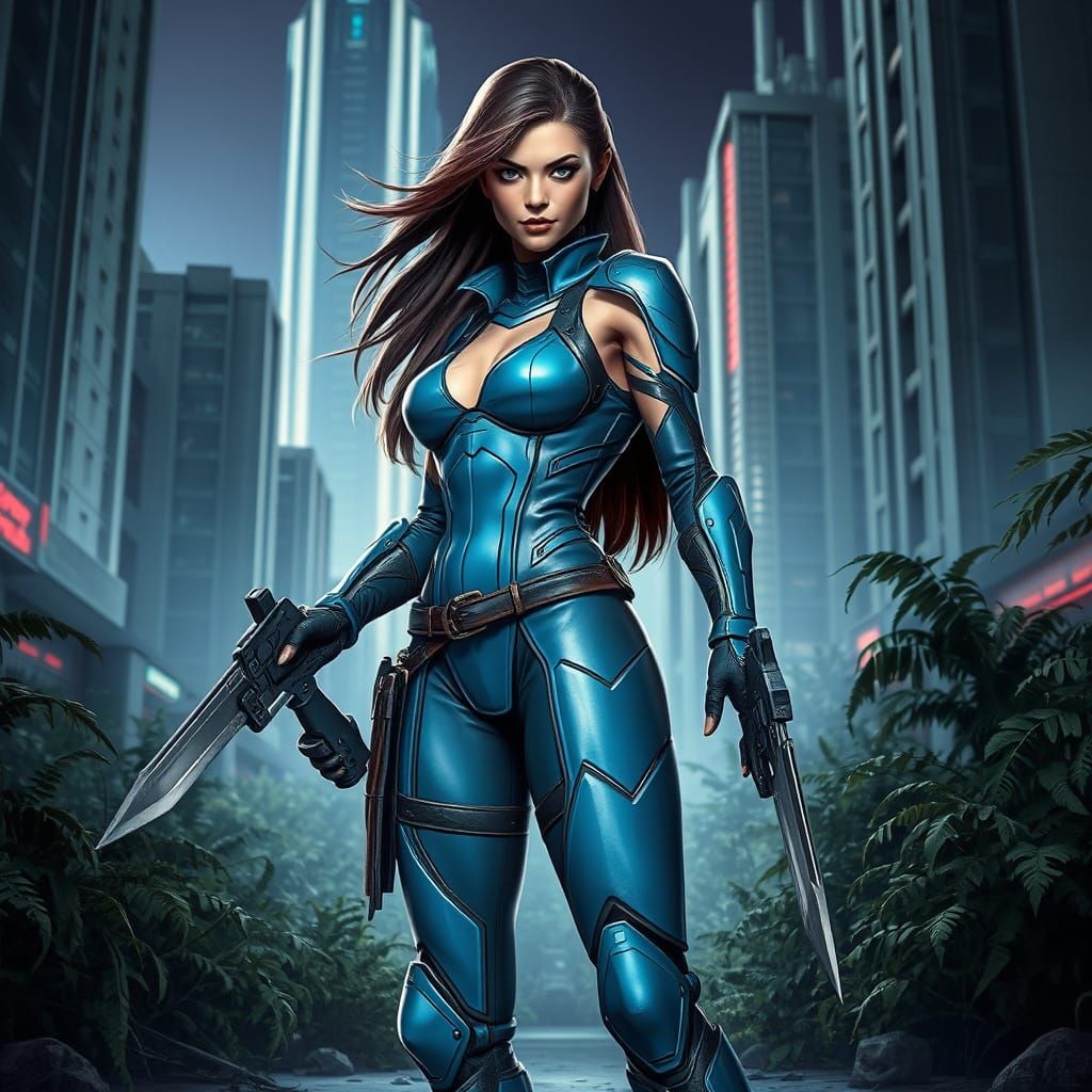 Cyberpunk Warrior Stands Confidently in Futuristic Cityscape