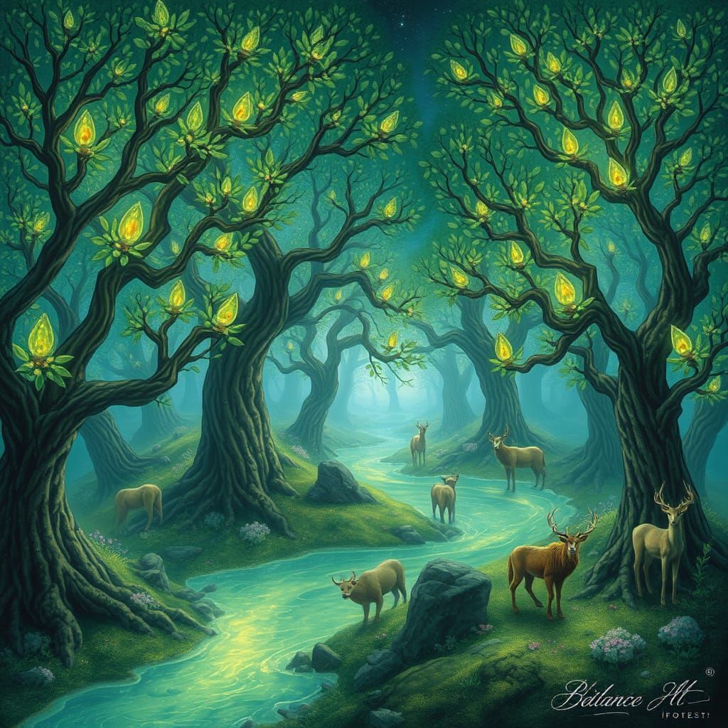 Enchanted Forest with Crystal Leaves and Liquid Light Rivers