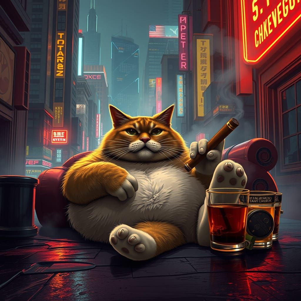 Luxurious Cat Enjoying Whiskey in a Cyberpunk City