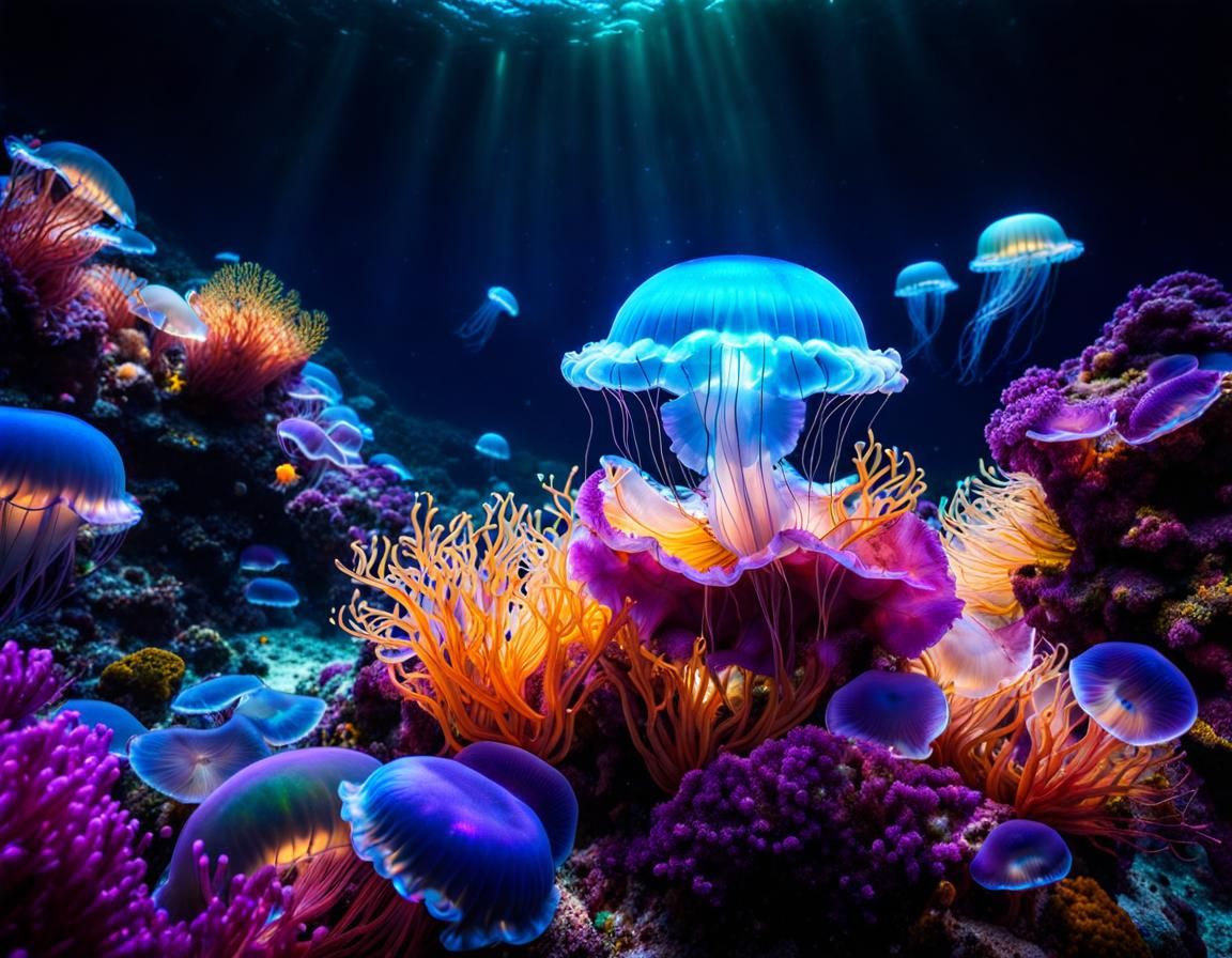 Glowing Underwater Landscape with Iridescent Fish