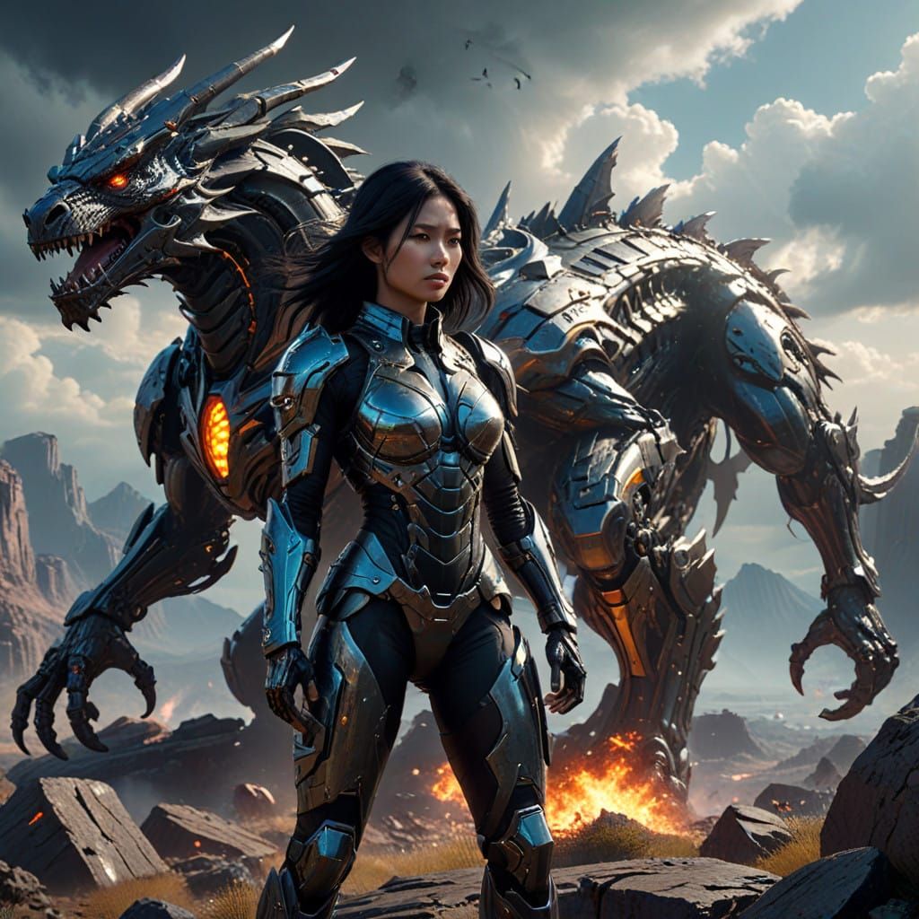 Heroic Asian Warrior Faces Zombie Horde with Dragon