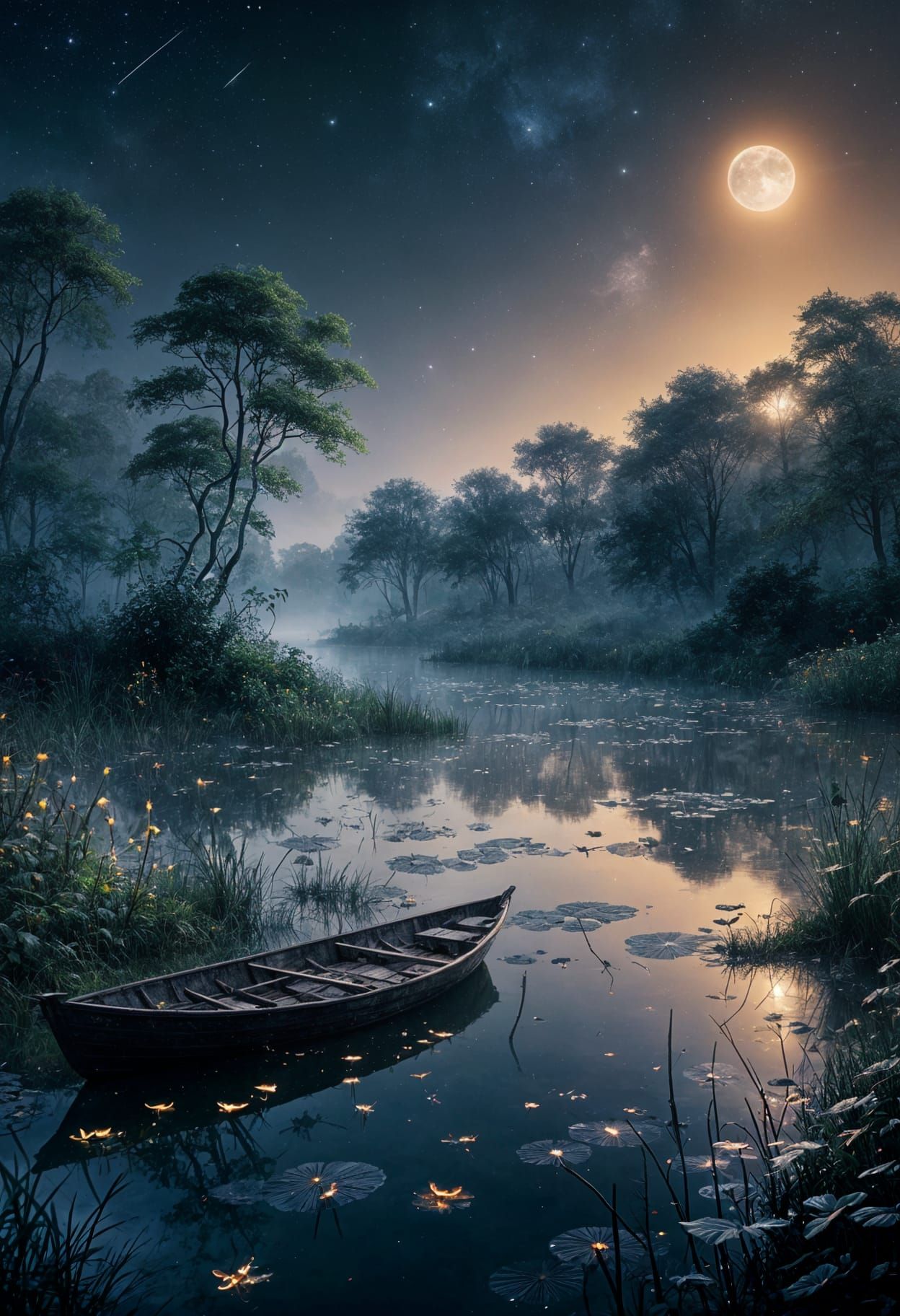 Misty Dusk River Garden with Heron and Fireflies