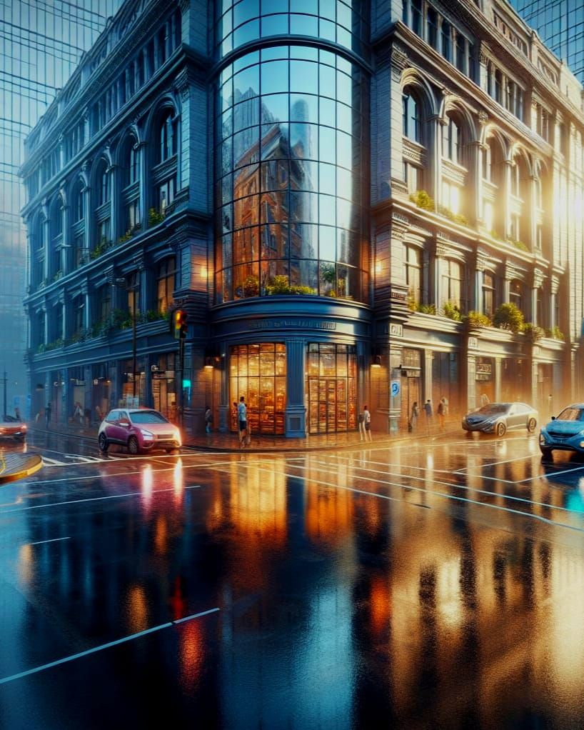City Street Corner Transformed by Rain and Sunlight