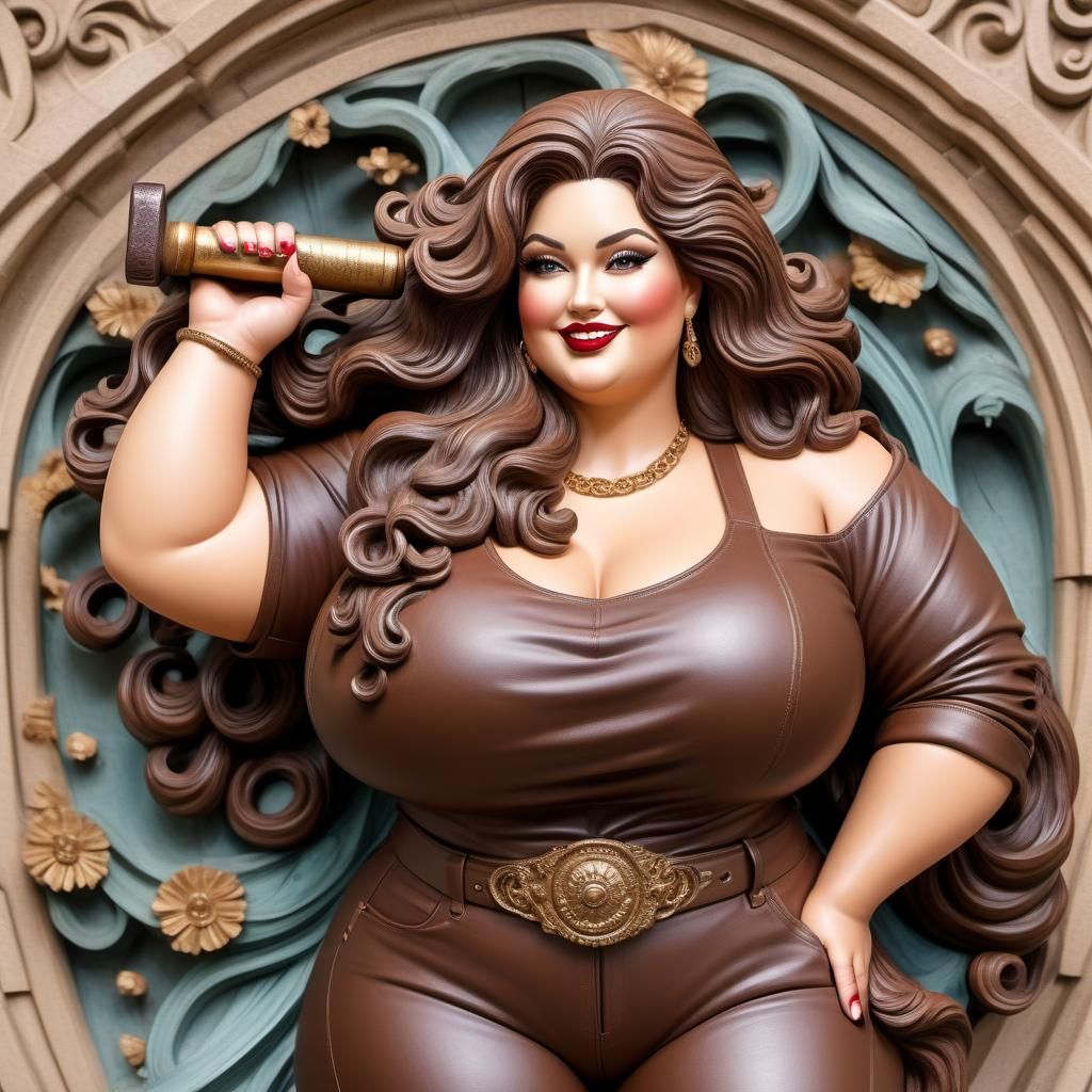 Curvy Woman Sculpting Statue with Hammer and Chisel