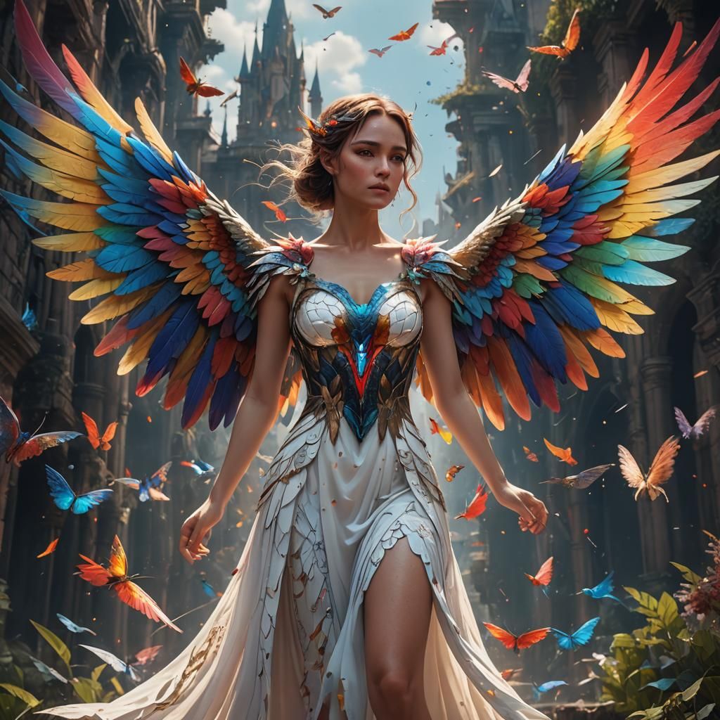 Colorful Wings on Woman: Fantasy Concept Art