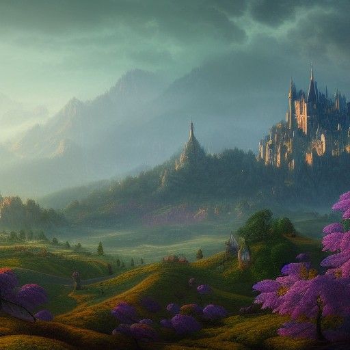 Purple Horizon Over Valley With Castle
