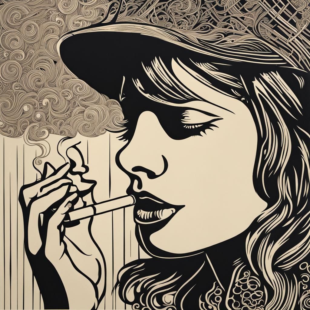 Retro Girl Smoking: Detailed Linocut Relief Print