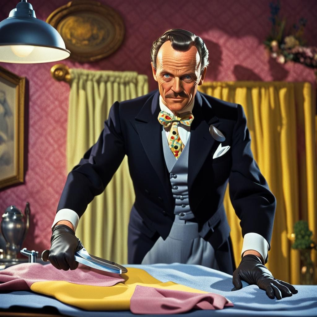 Terry Thomas as Batman's Butler Alfred ironing the batman su...