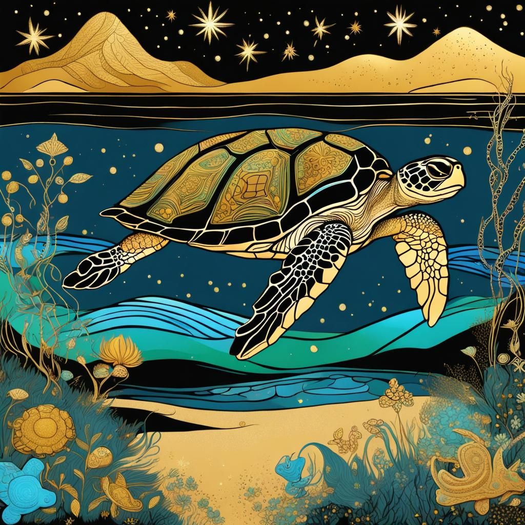 Turtle on Golden Beach in Palekh Style