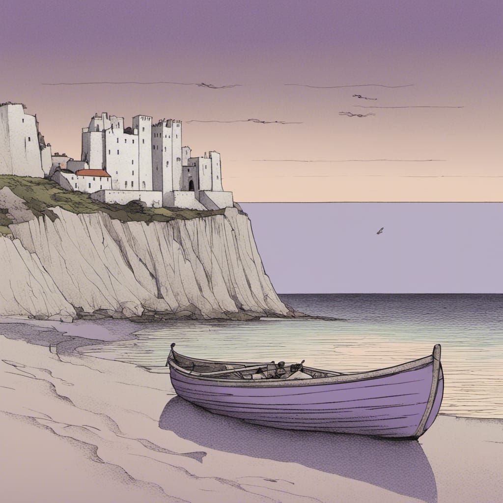 Rowing Boat Arrives at Shoreline with Chalk Cliffs