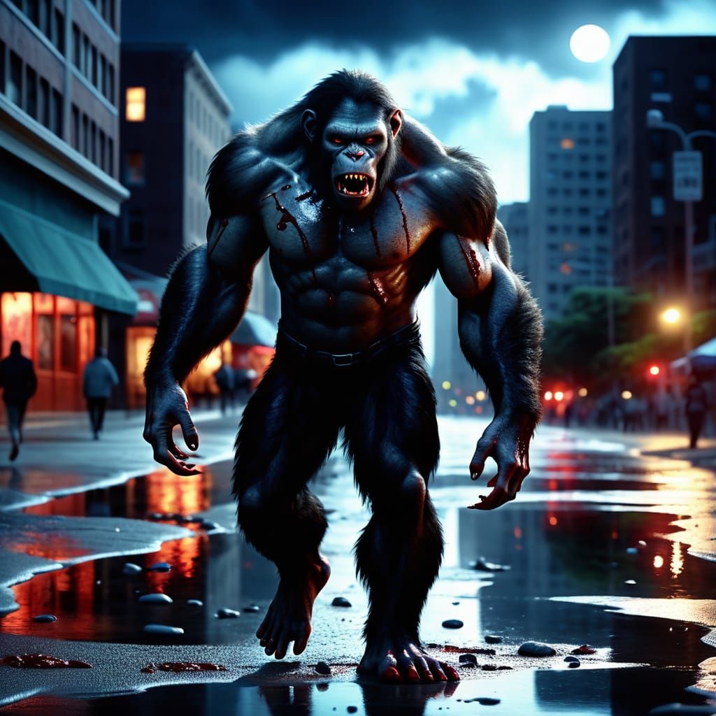 Surreal Vampire Ape Emerges on a City Beach at Night