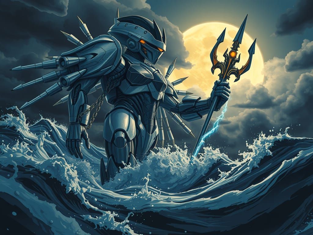 Cybernetic Poseidon Mecha Rises from the Storm
