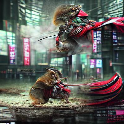 Cyberpunk Chipmunk Samurai Warrior in Neon City
