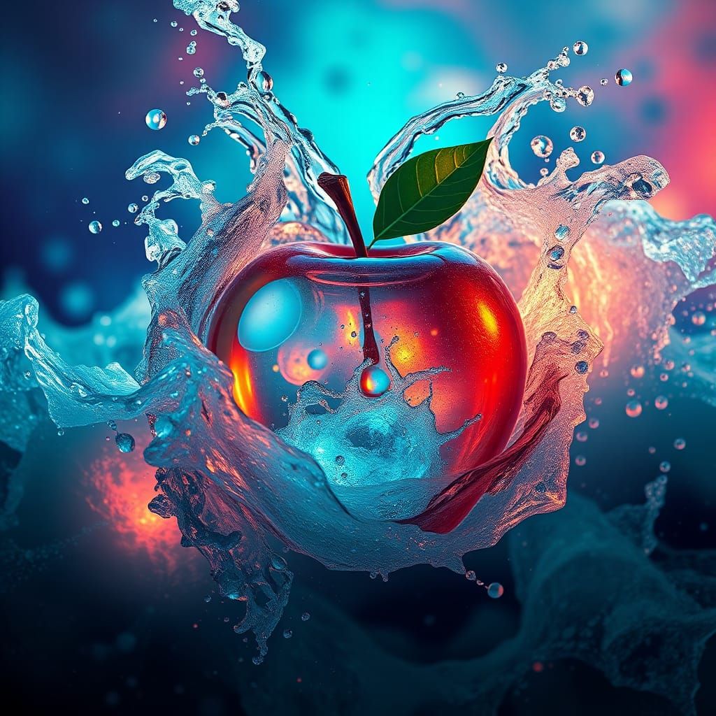 Glass Apple in Stormy Sea: Hyperrealistic Splash Art
