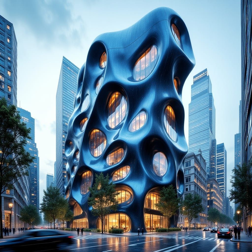 Futuristic Twisted High-Rise Building in 3D Wave Design