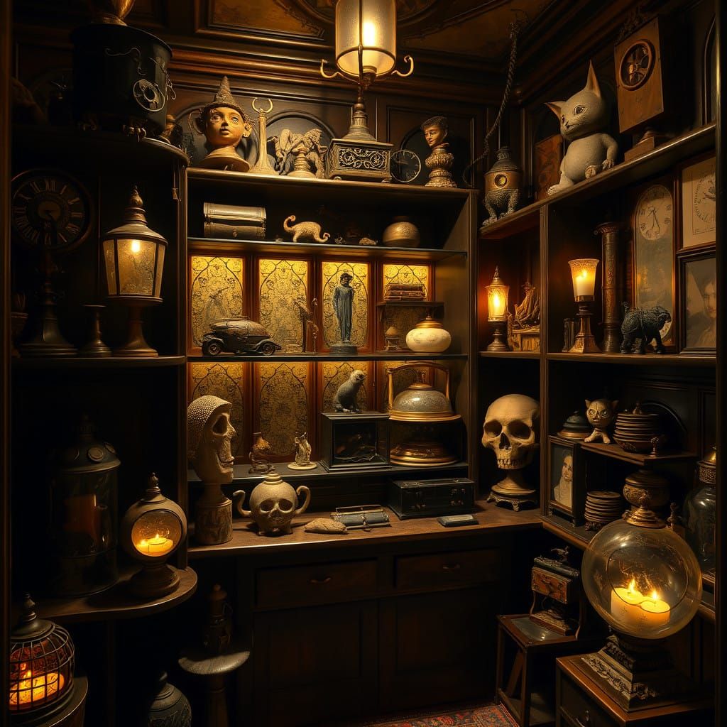 Enigmatic Victorian Cabinet of Curiosities in Warm Golden Li...