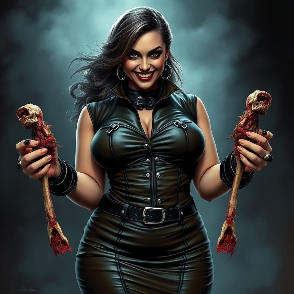 Plus-Size Vampire in Leather, Holding Zombie Corpses