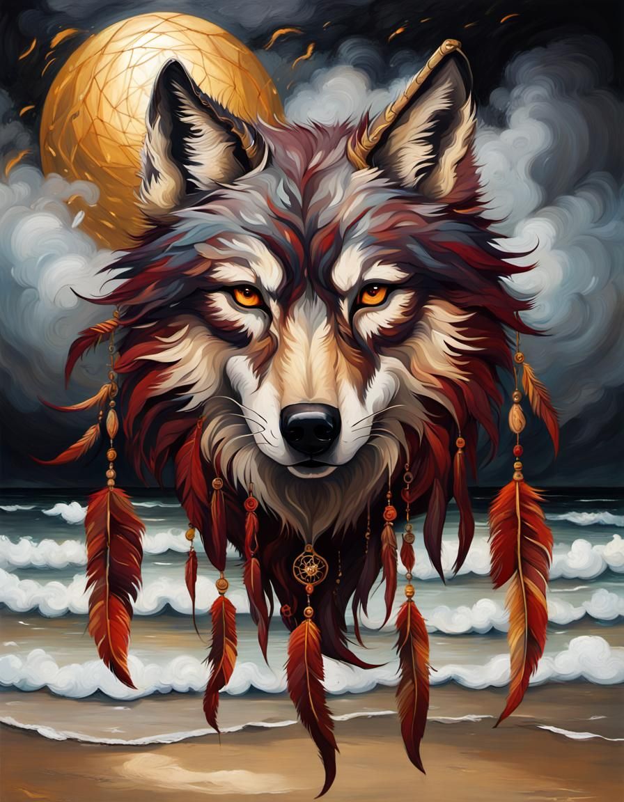 Ghost Wolf Dreamcatcher at Stormy Beach Oil Painting