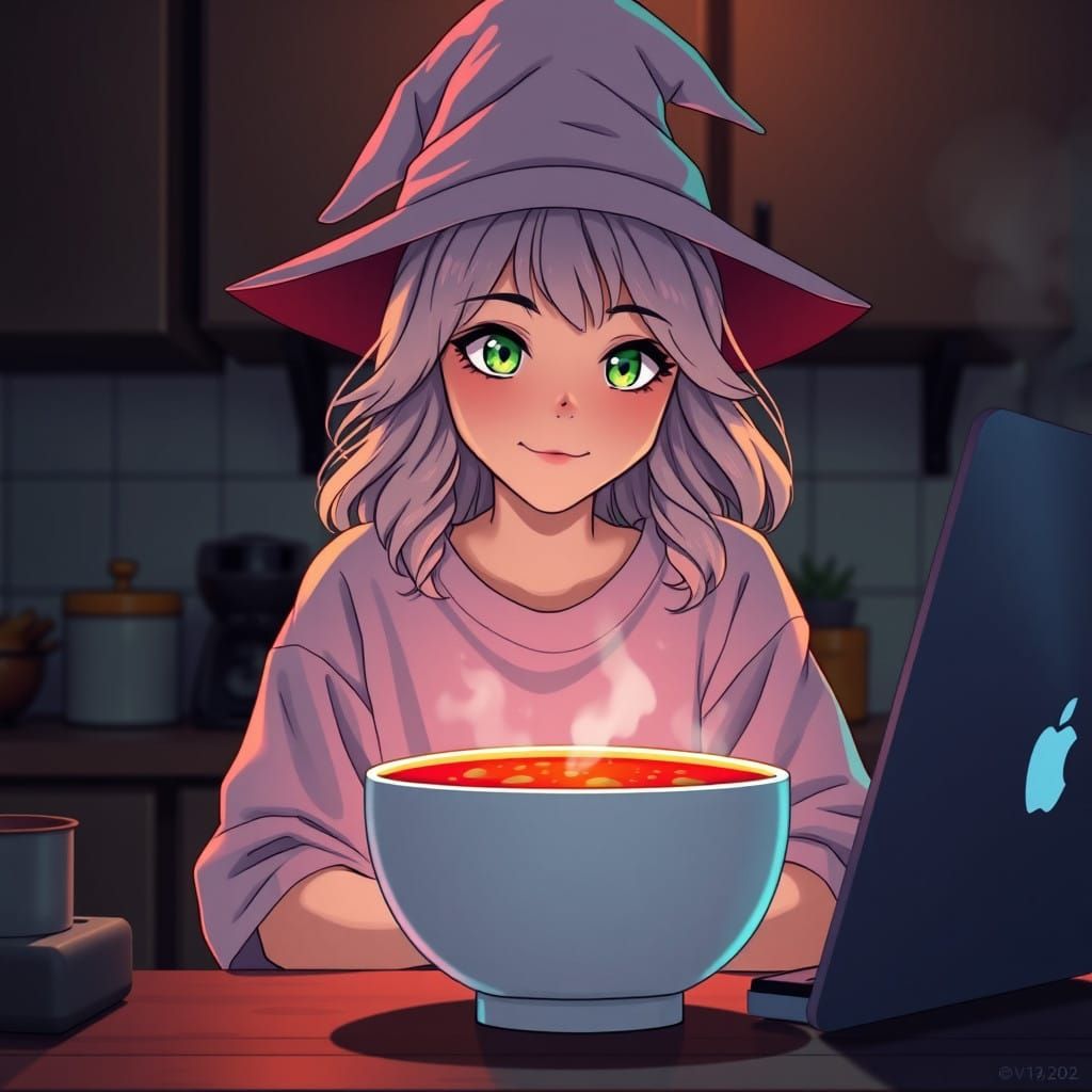 Witch Woman in Cozy Kitchen Scene with Anime-Inspired Style