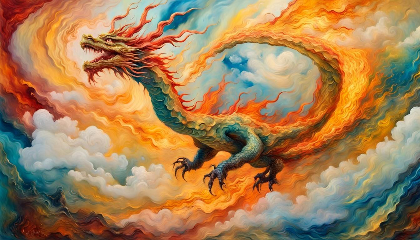 Flaming Dragon Soaring: Impressionist Landscape Painting